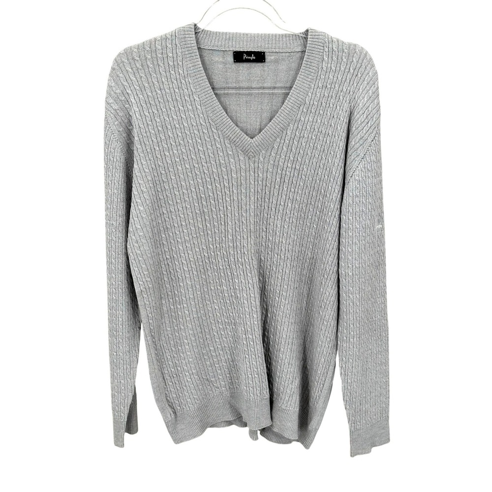 Pringle Sweater‎ Mens 44 Gray V-Neck Cable Knit Wool Pullover Preppy Academia